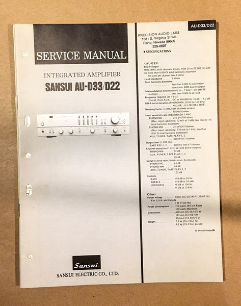 Sansui AU-D33 AU-D22 Amplifier  Service Manual *Original*