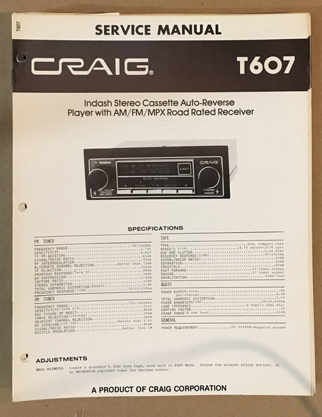 Craig Model T607 Car Stereo / Cassette Service Manual *Original*