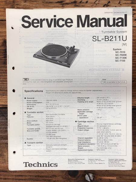 Technics SL-B211U Record Player / Turntable  Service Manual *Original*