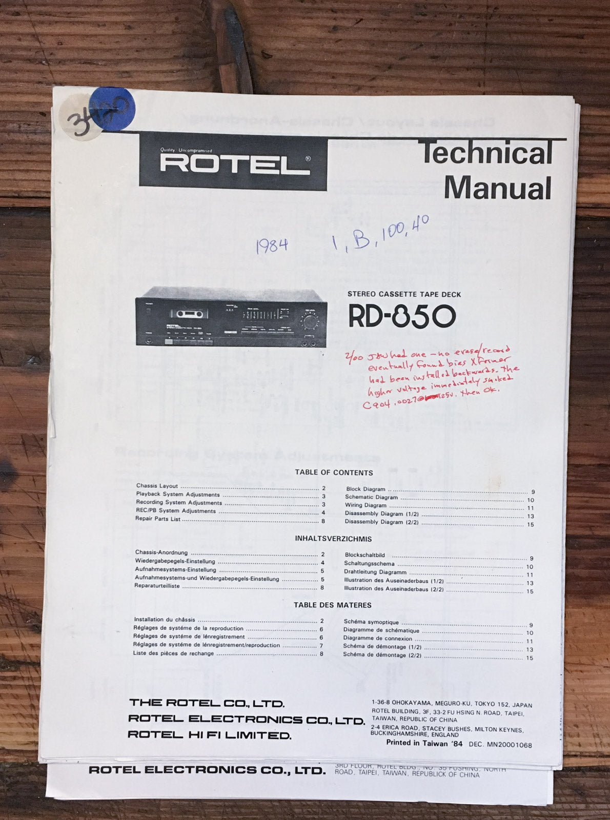 Rotel RD-850 Cassette Deck  Service Manual *Original*