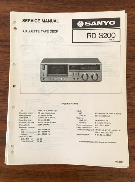 Sanyo RD S200 Cassette Deck Service Manual *Original*