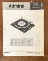 Admiral 750A1858-3 Record Player / Turntable  Service Manual *Original*