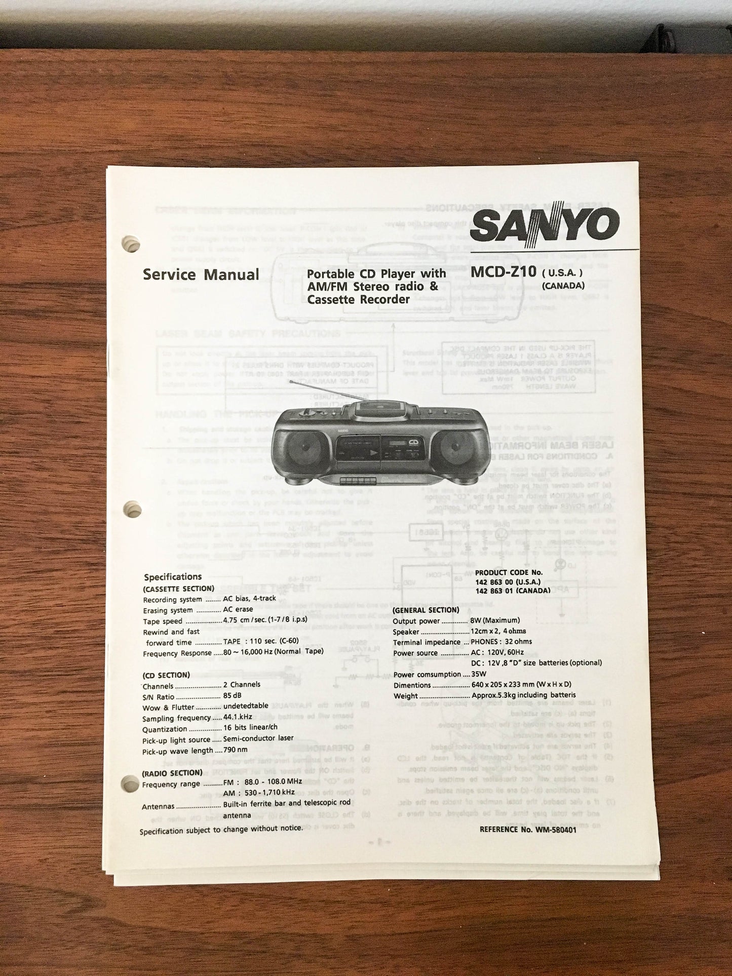 Sanyo MCD-Z10 Boombox Stereo Service Manual *Original*