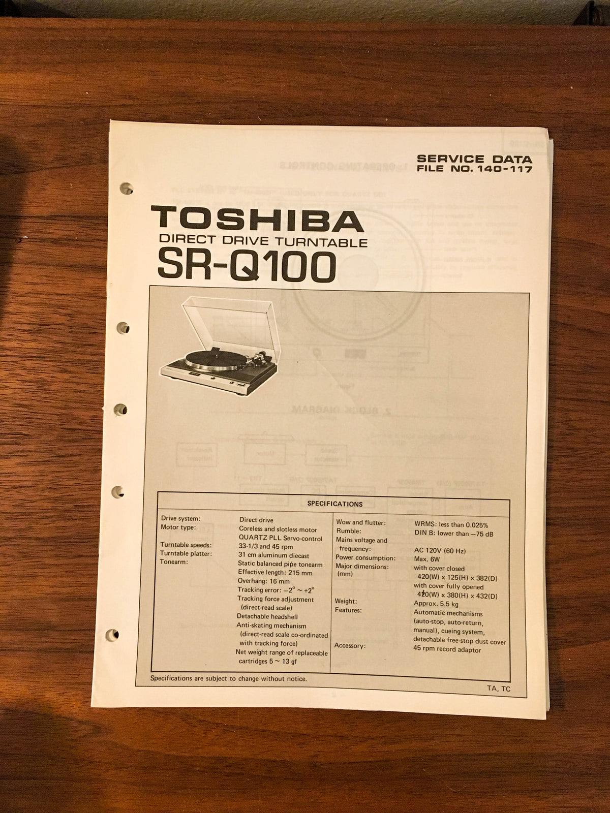Toshiba SR-Q100 Record Player / Turntable Service Manual *Original*