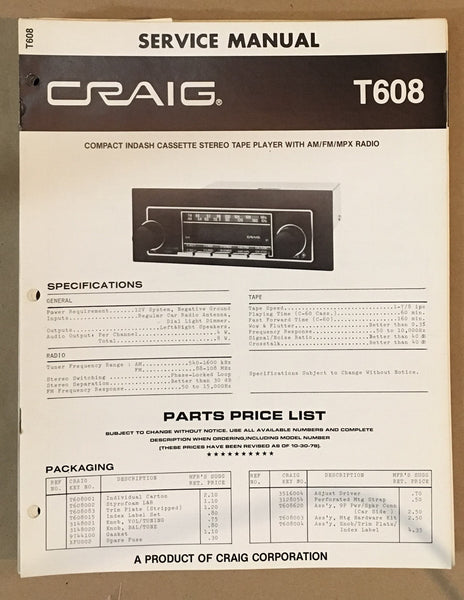 Craig Model T608 Car Stereo / Cassette Service Manual *Original*