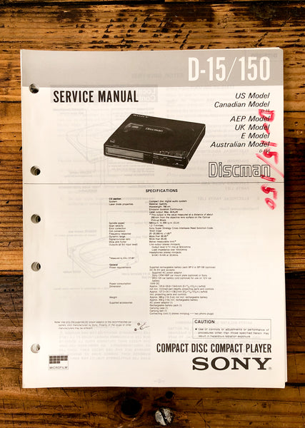 Sony D-15 D-150 CD Player / Discman 4 Service Manual *Original*