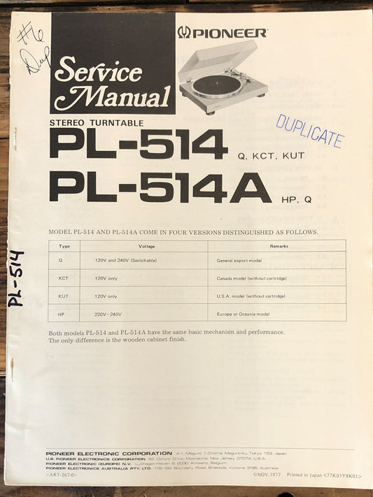 Pioneer PL-514 PL-514A Record Player / Turntable  Service Manual *Original*