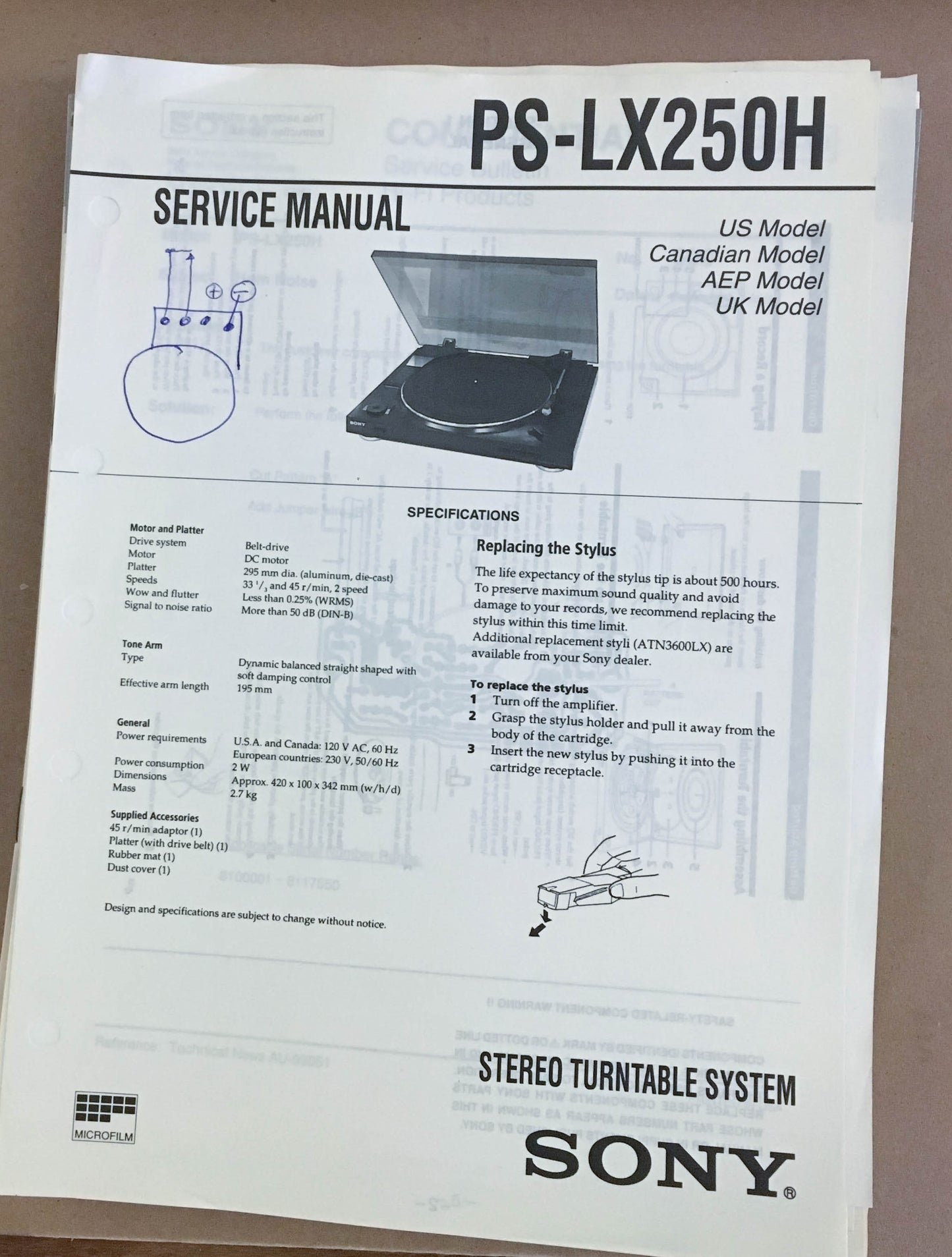 Sony PS-LX250H Turntable Record Player  Service Manual *Original*