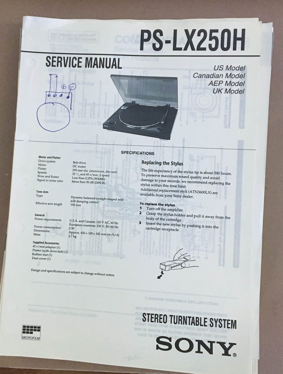 Sony PSLX250H Turntable Record Player Service Manual *Original