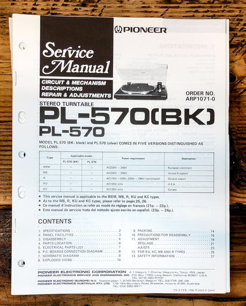 Pioneer PL-570 Record Player / Turntable  Service Manual *Original*