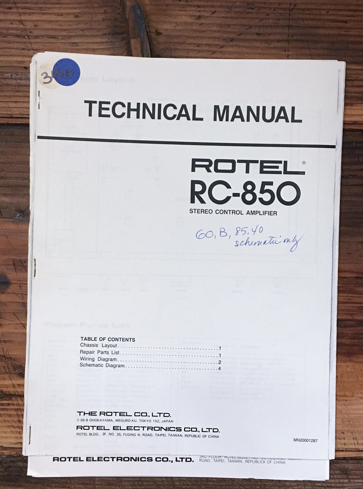 Rotel RC-850 Preamp / Preamplifier  Service Manual *Original*