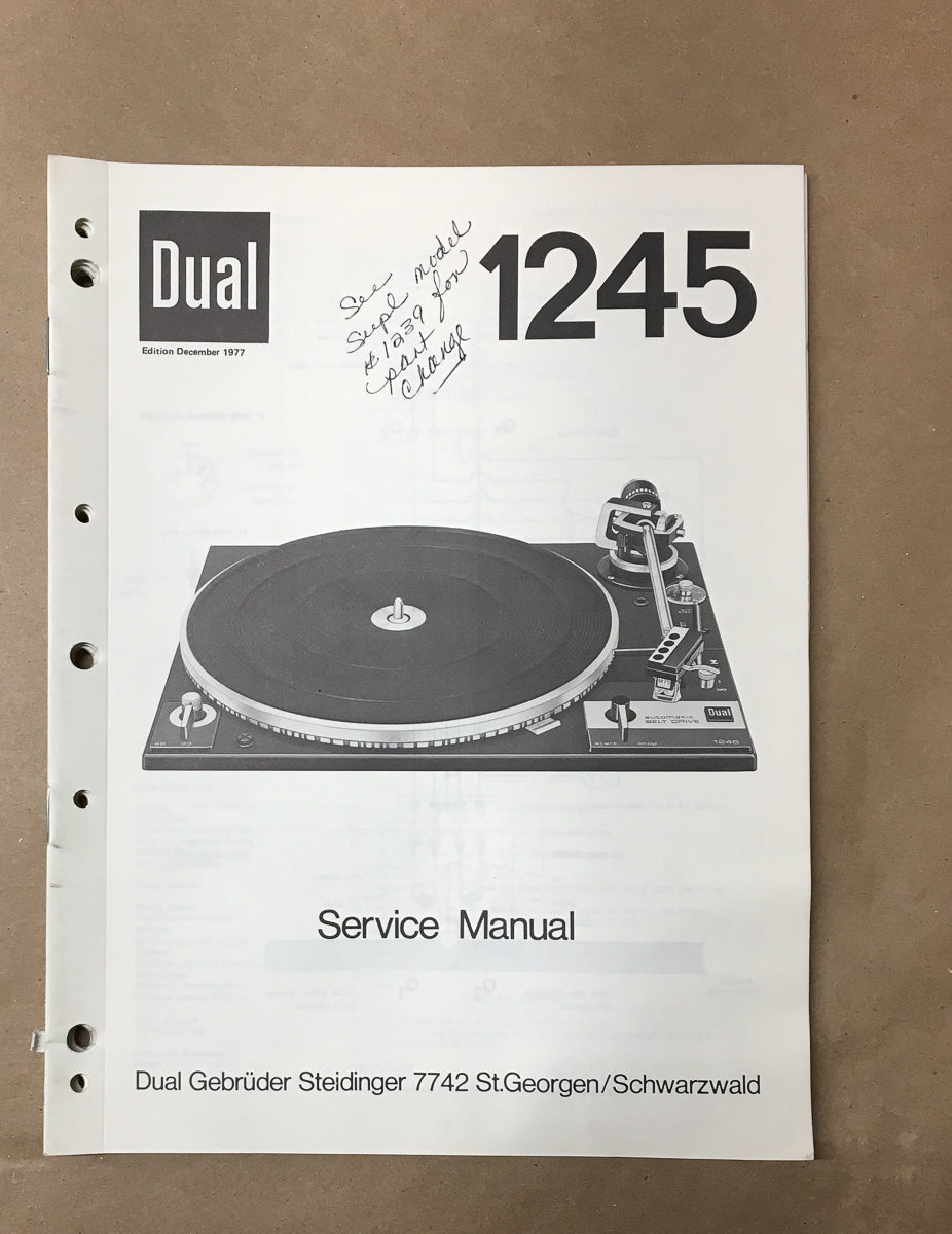 Dual Model 1245 Record Player / Turntable Service Manual *Original*