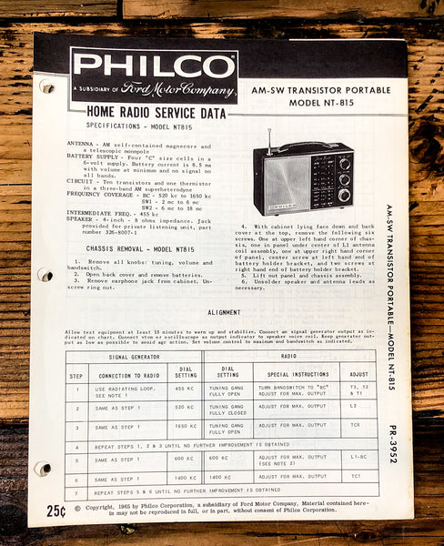 Philco Ford NT-815 NT815 Radio Service Manual *Original*