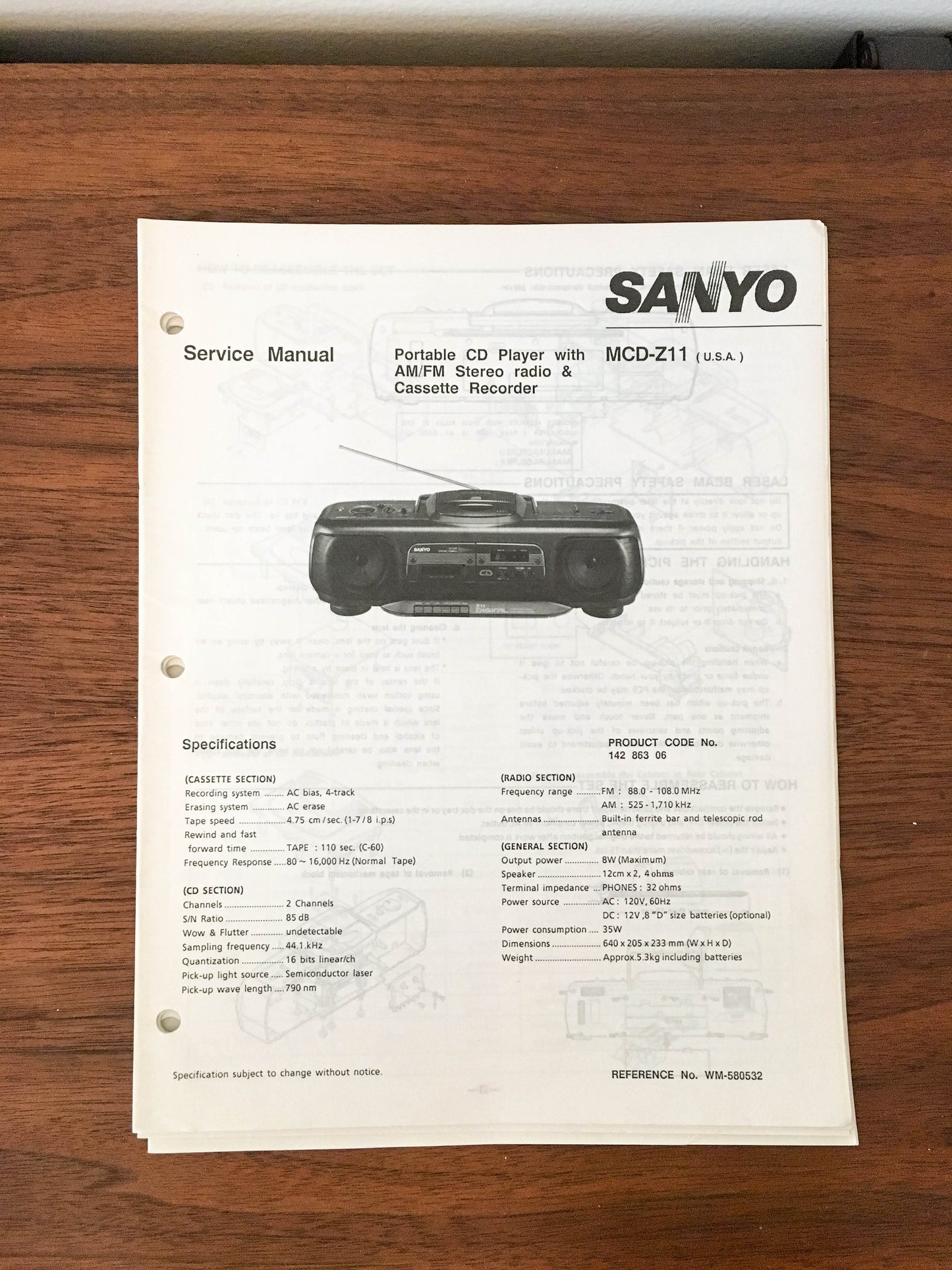 Sanyo MCD-Z11 Boombox Stereo Service Manual *Original*