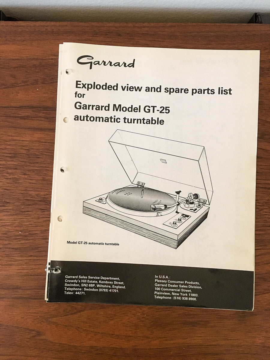 Garrard Model GT25 GT-25 Turntable Exploded View / Parts List *Original*