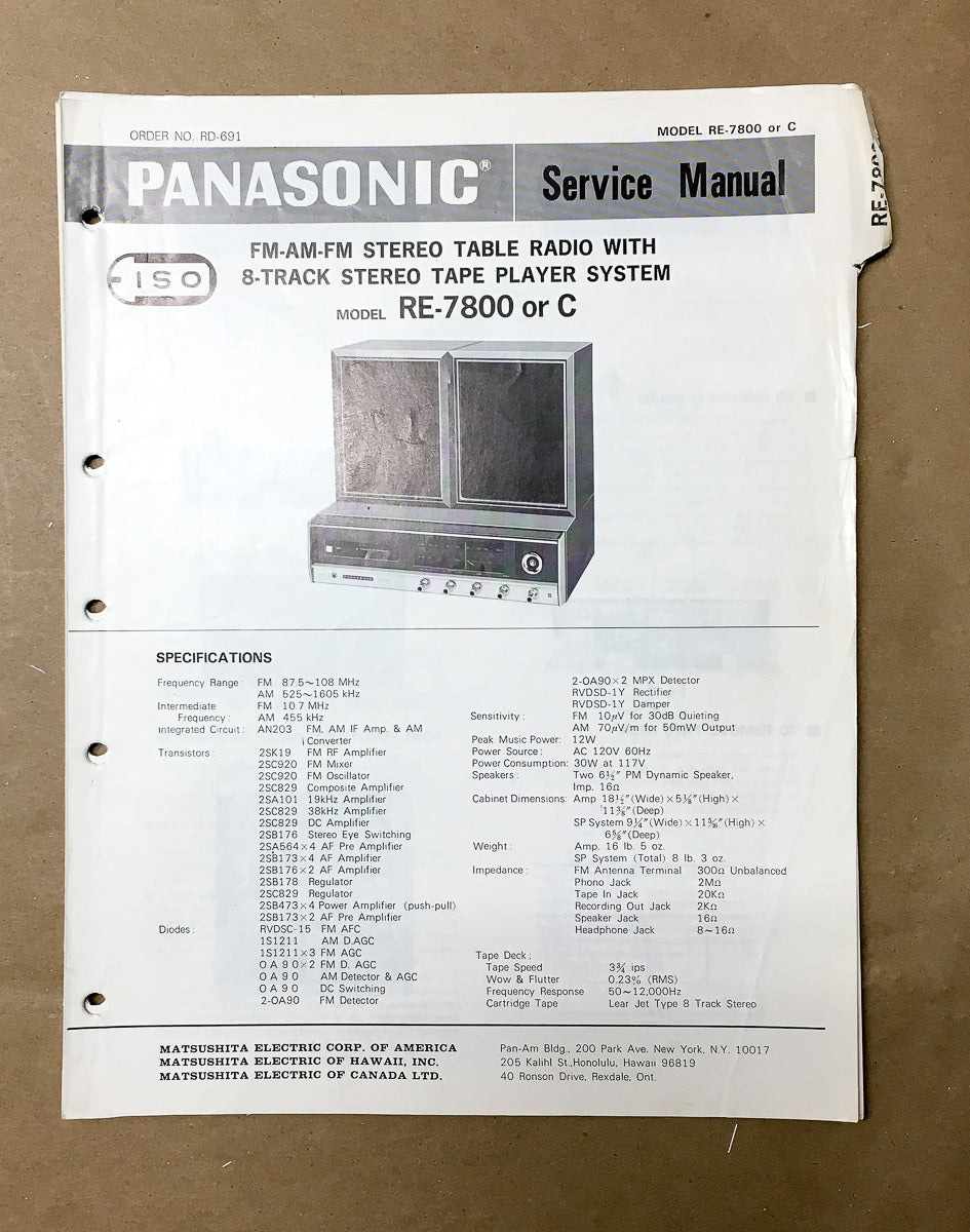 Panasonic RE-7800 RE-7800C Radio / Stereo Service Manual *Original*