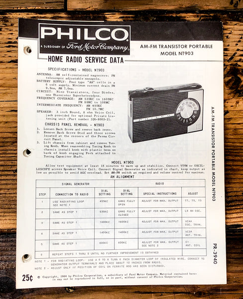 Philco Ford NT-903 NT903 Radio Service Manual *Original*