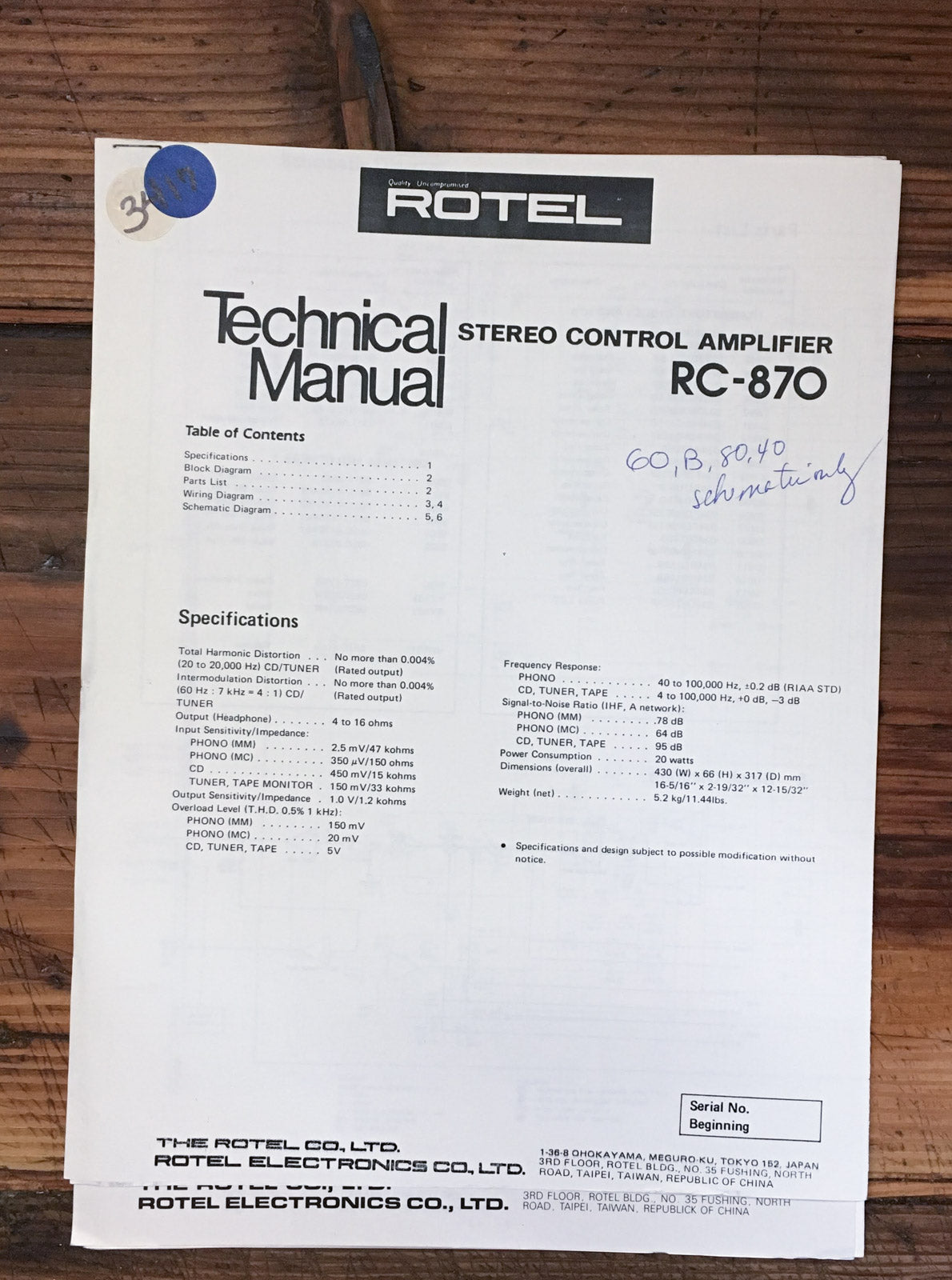 Rotel RC-870 Preamp / Preamplifier  Service Manual *Original*