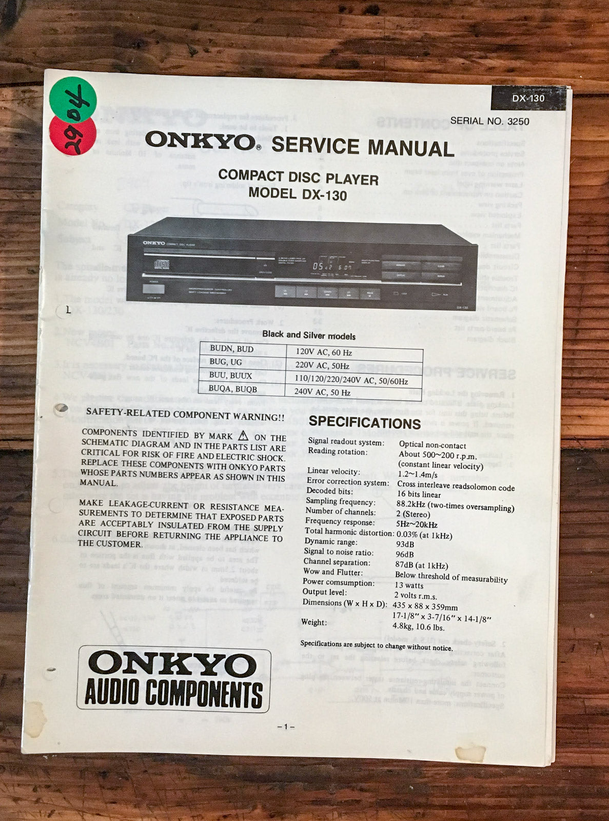 Onkyo DX-130 CD Player  Service Manual *Original*