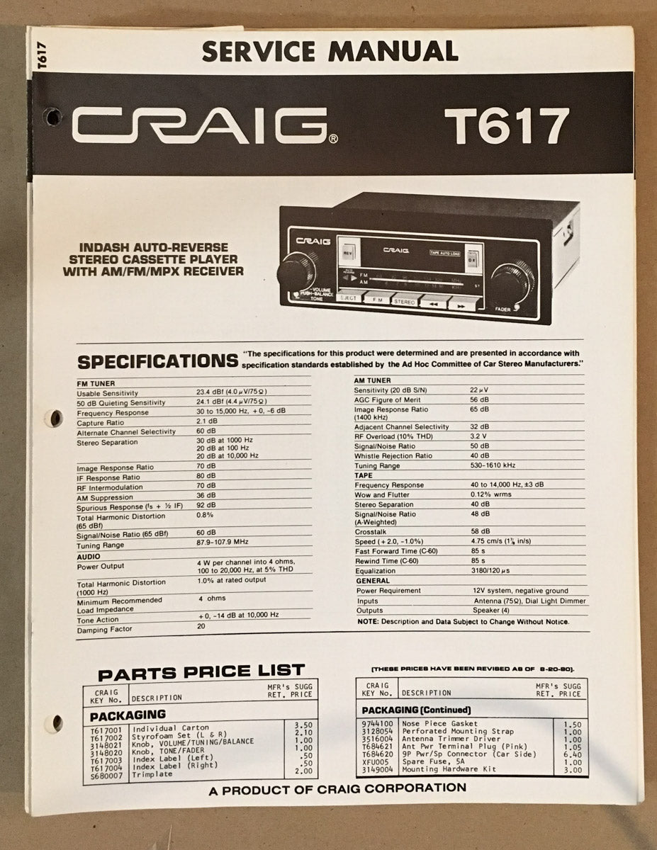 Craig Model T617 Car Stereo / Cassette Service Manual *Original*