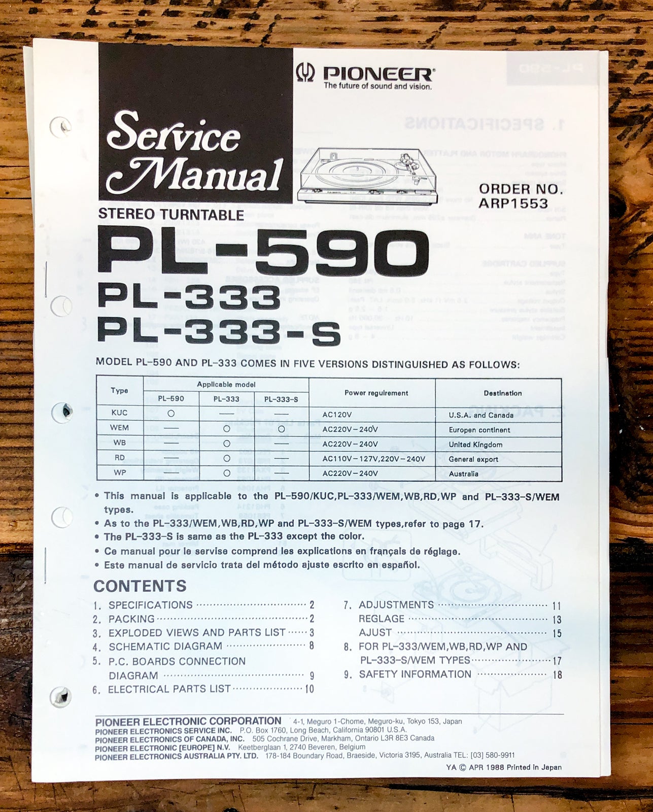 Pioneer PL-590 PL-333 PL-333S Record Player / Turntable  Service Manual *Orig*