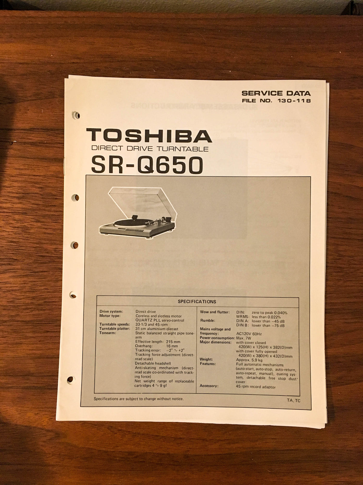Toshiba SR-Q650 Record Player / Turntable Service Manual *Original*