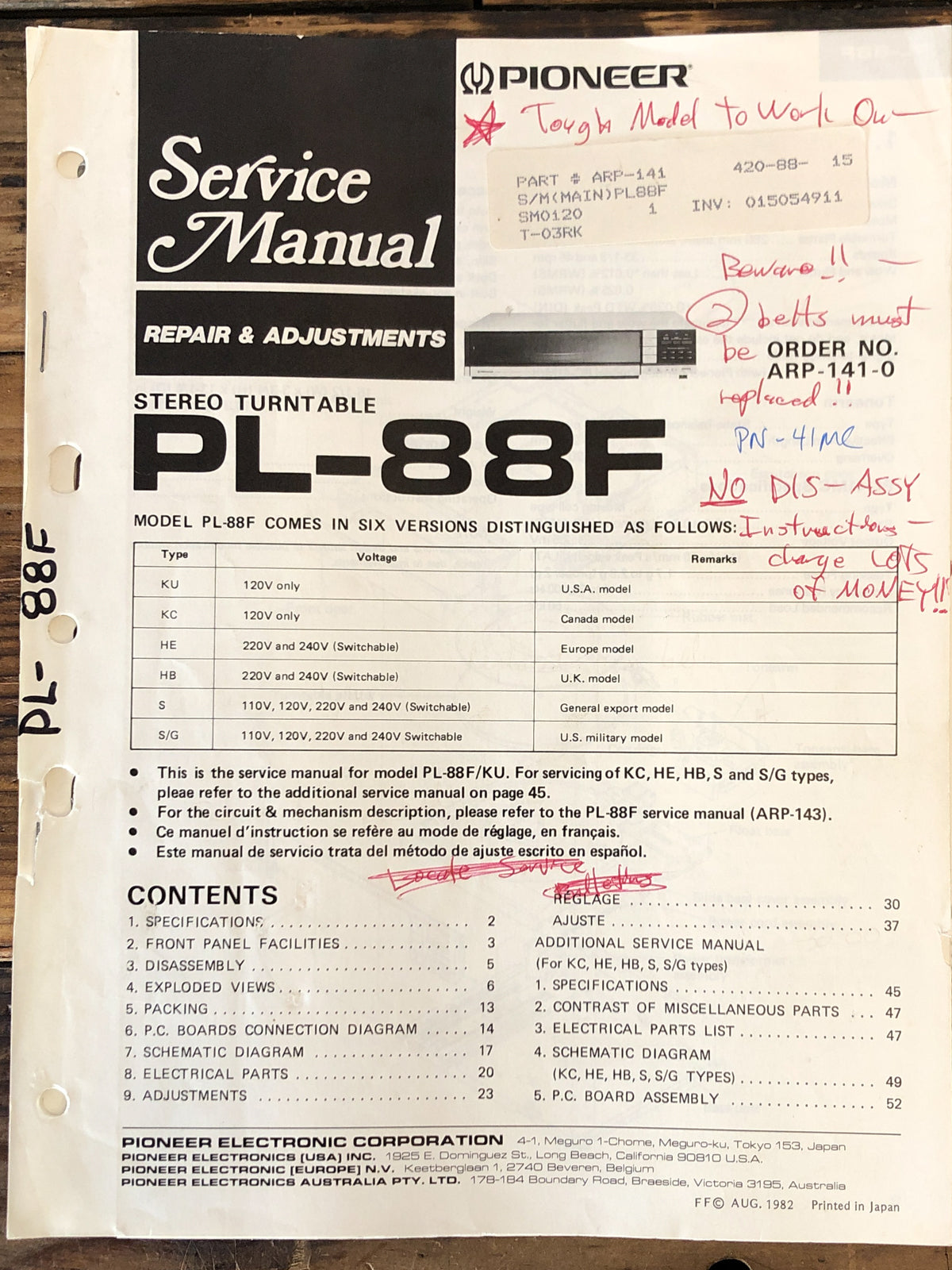 Pioneer PL-88F Record Player / Turntable  Service Manual *Original*