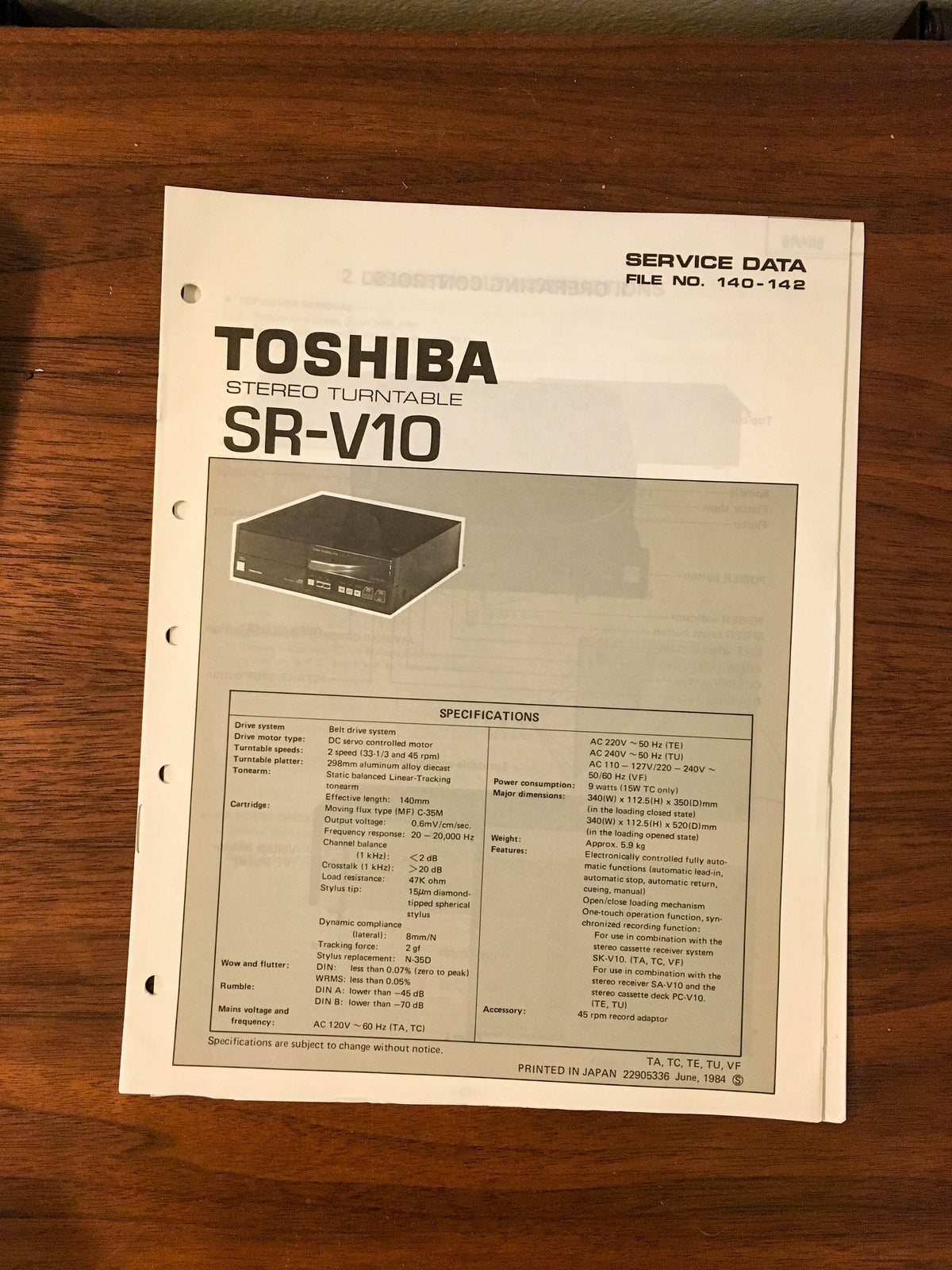 Toshiba SR-V10 Record Player / Turntable Service Manual *Original*