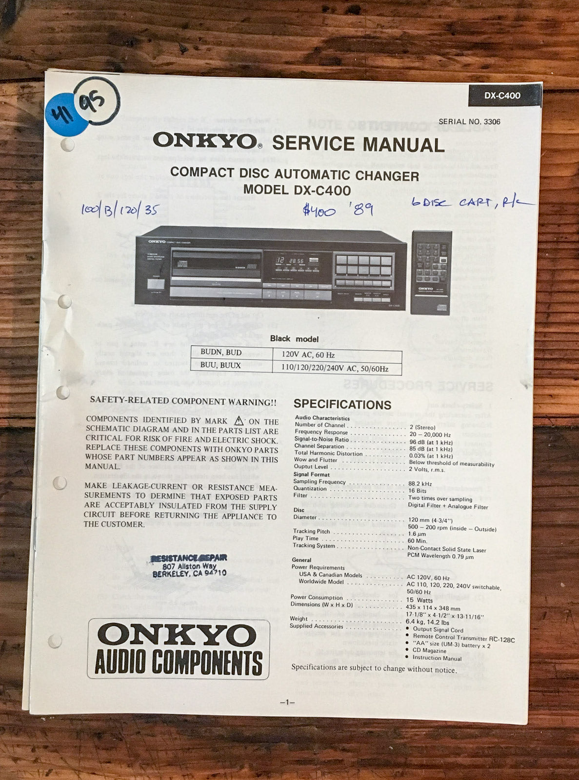 Onkyo DX-C400 CD Player  Service Manual *Original*