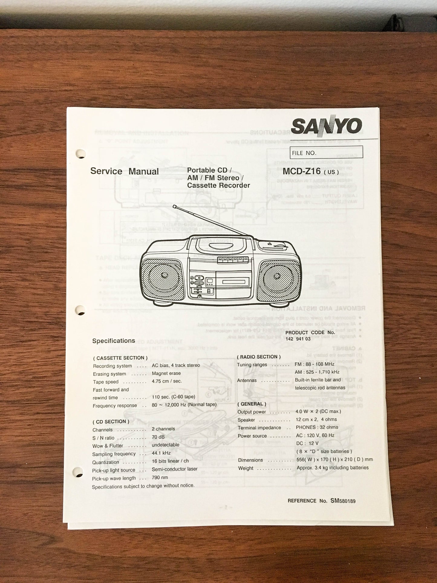 Sanyo MCD-Z16 Boombox Stereo Service Manual *Original*