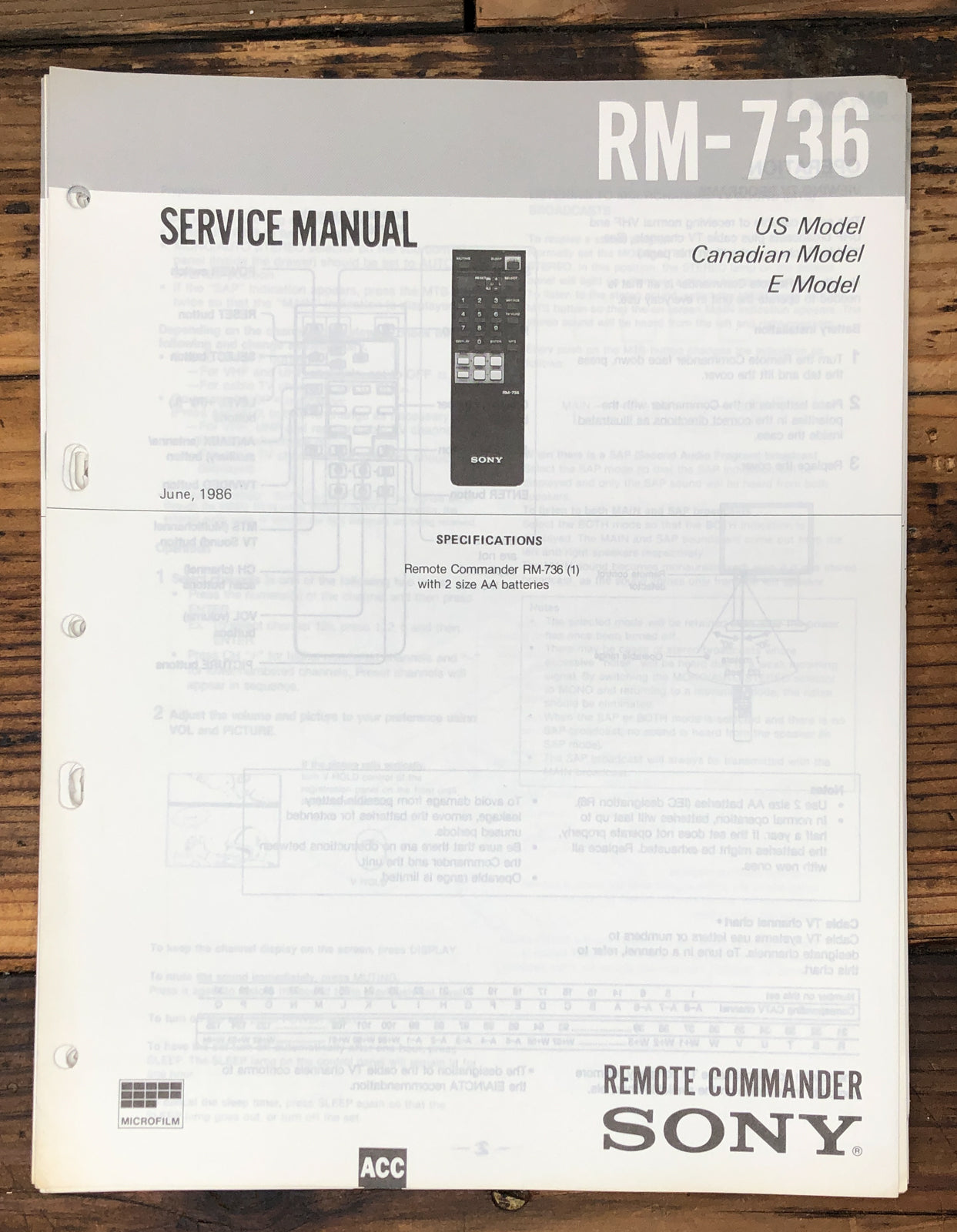 Sony RM-736 Remote Control  Service Manual *Original*