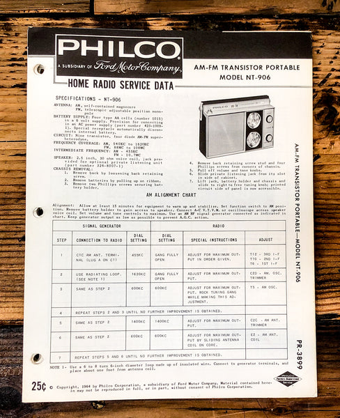 Philco Ford NT-906 NT906 Radio Service Manual *Original*