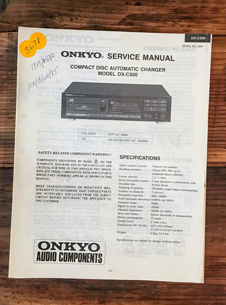 Onkyo DX-C500 CD Player  Service Manual *Original*