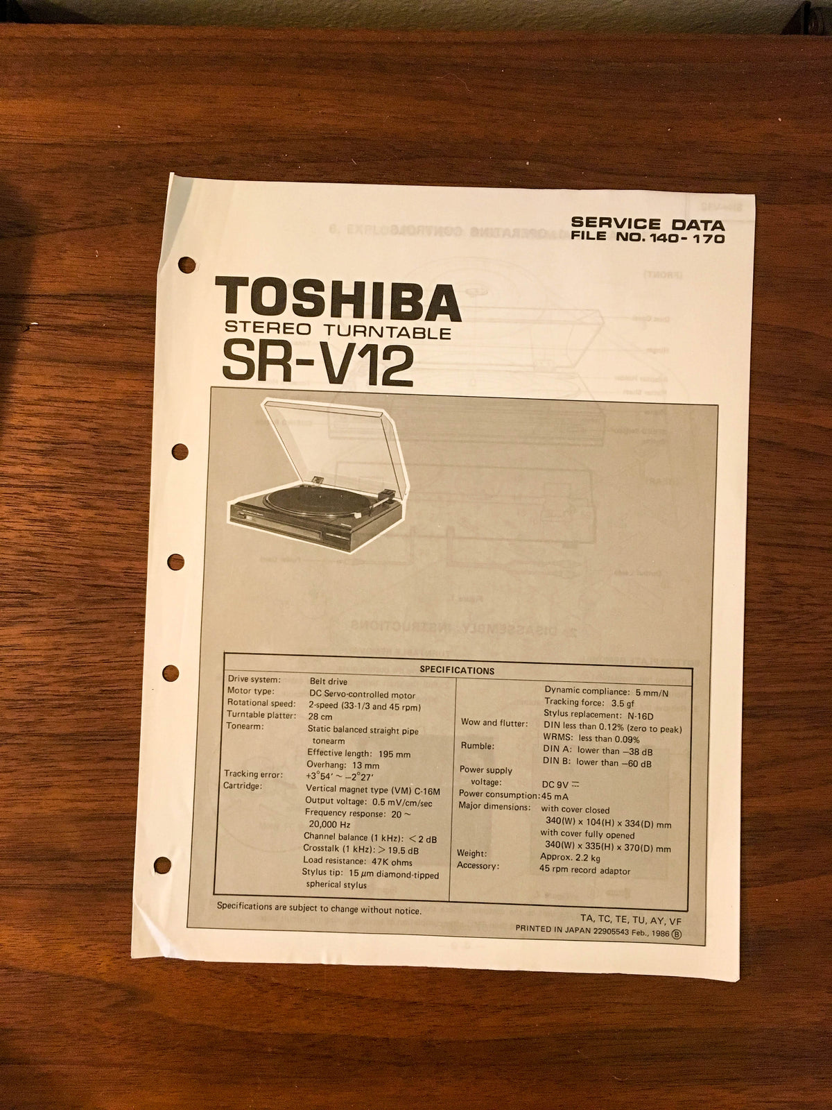 Toshiba SR-V12 Record Player / Turntable Service Manual *Original*