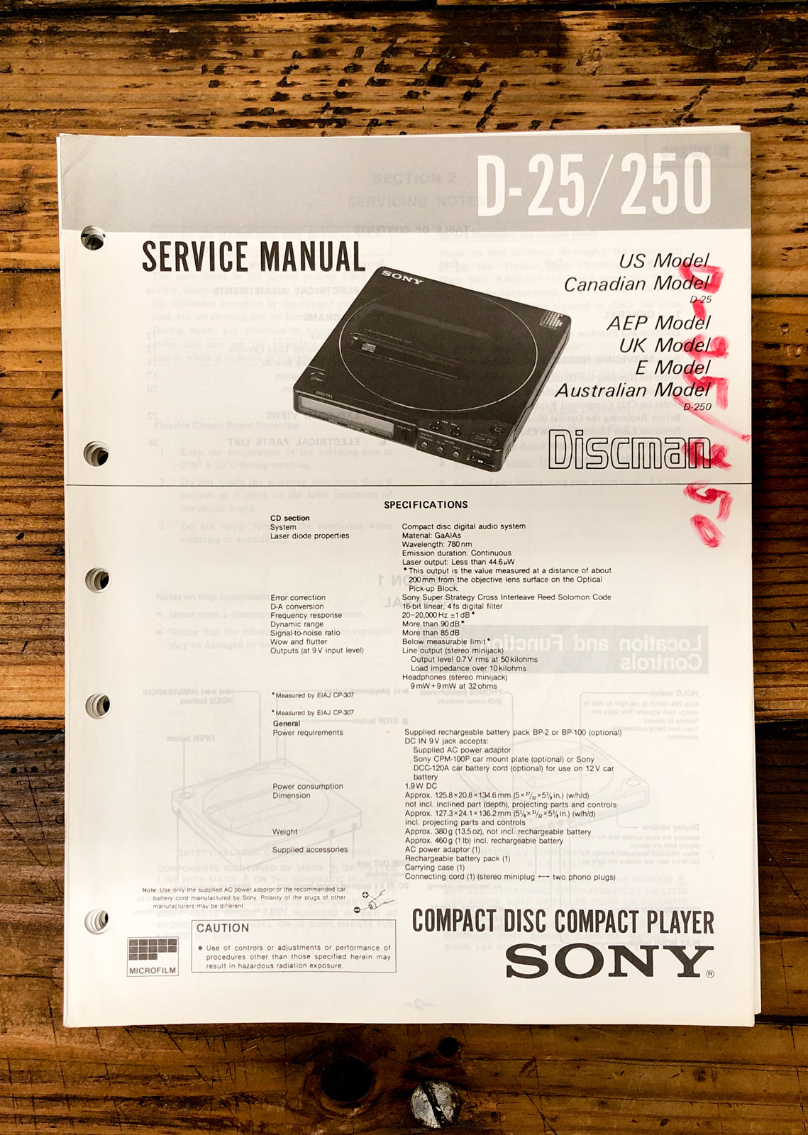 Sony D-25 D-250 CD Player / Discman  Service Manual *Original*