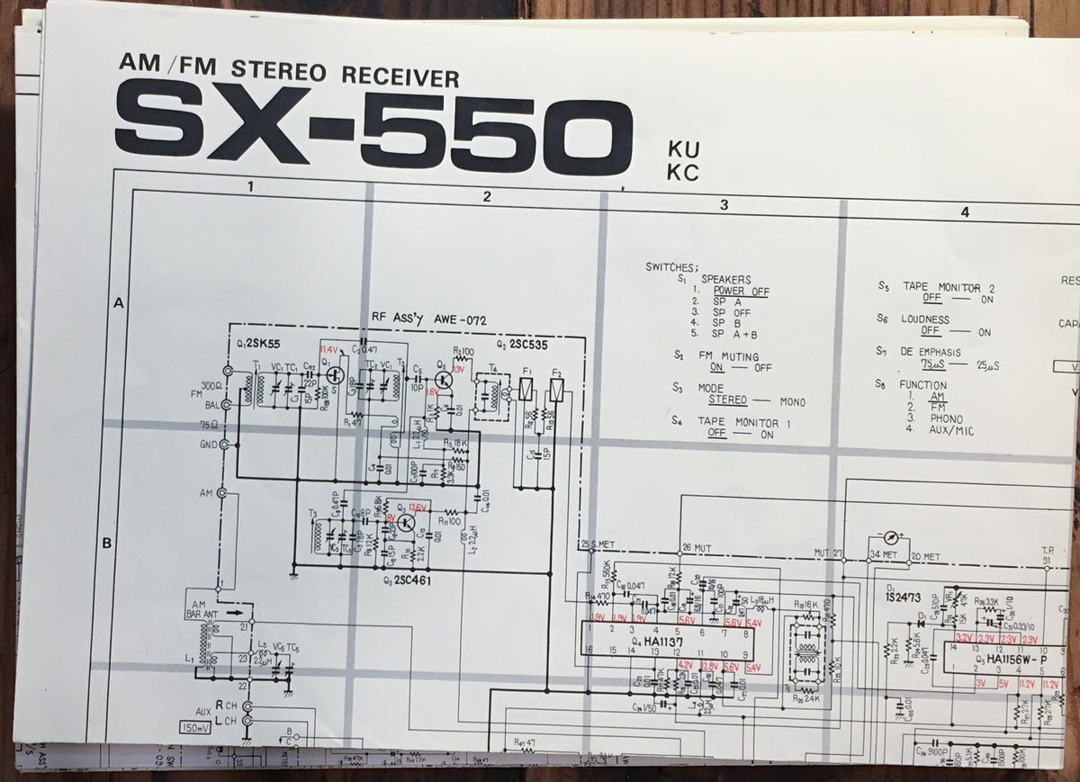 Pioneer SX-550 KU KC Receiver Large Fold Out Schematic Sheet *Original*