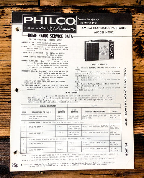 Philco Ford NT-912 NT912 Radio Service Manual *Original*