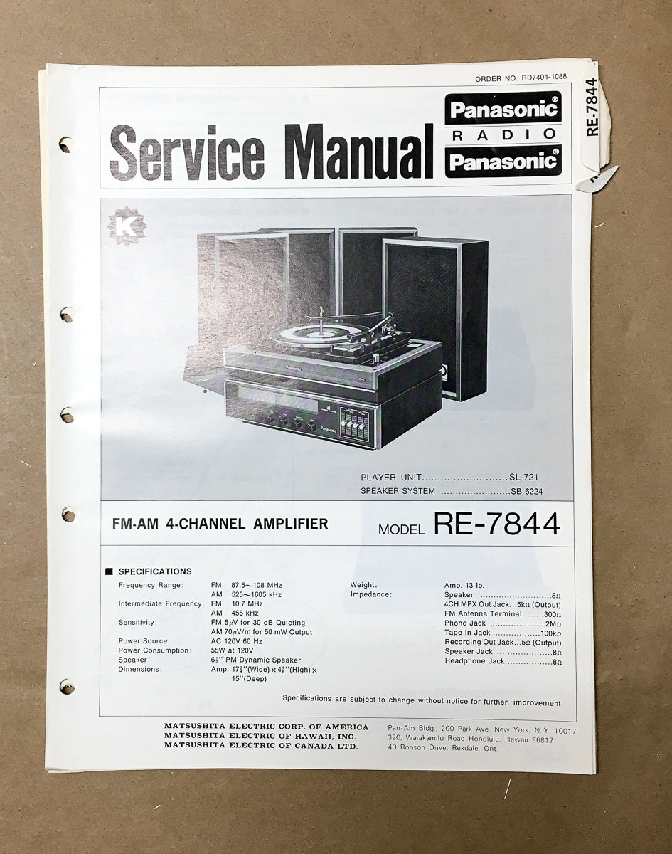Panasonic RE-7844 Radio / Stereo Service Manual *Original*