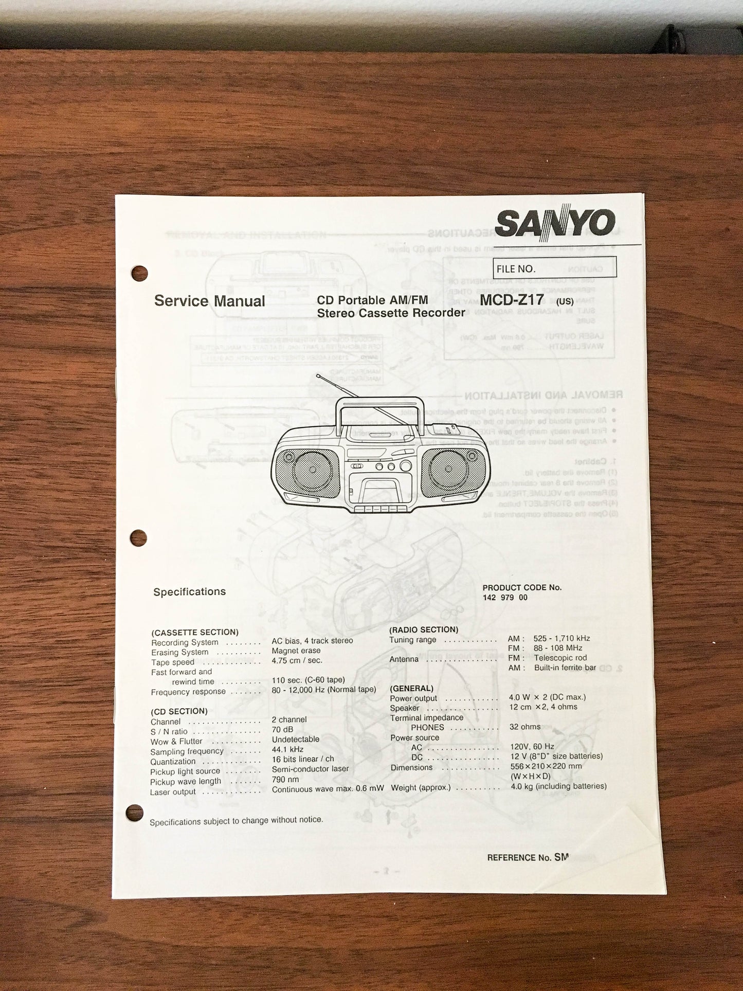 Sanyo MCD-Z17 Boombox Stereo Service Manual *Original*