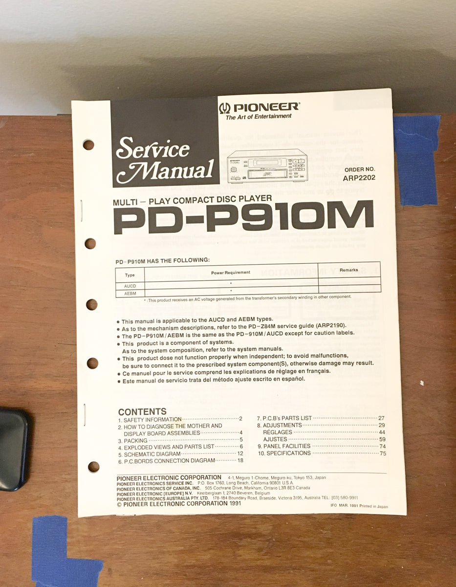 Pioneer PD-P910M CD Player Service Manual *Original*