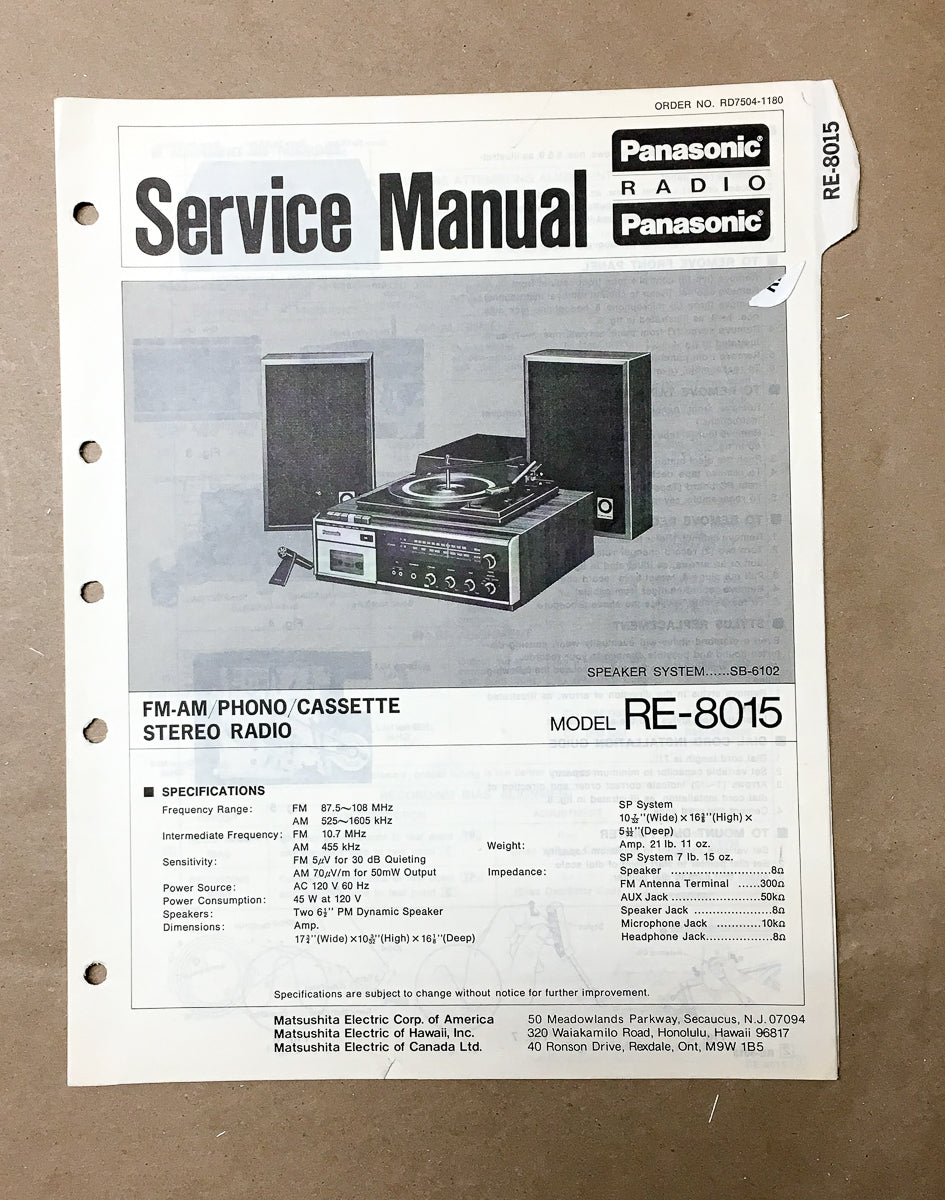 Panasonic RE-8015 Radio / Stereo Service Manual *Original*