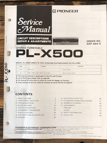 Pioneer PL-X500 Record Player / Turntable  Service Manual *Original*