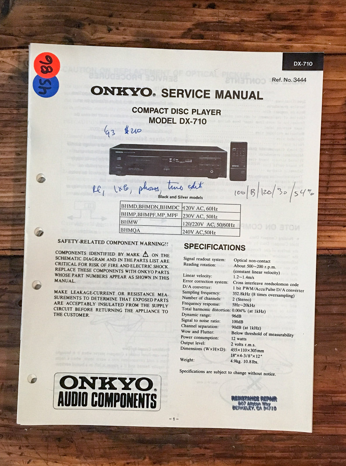 Onkyo DX-710 CD Player  Service Manual *Original*
