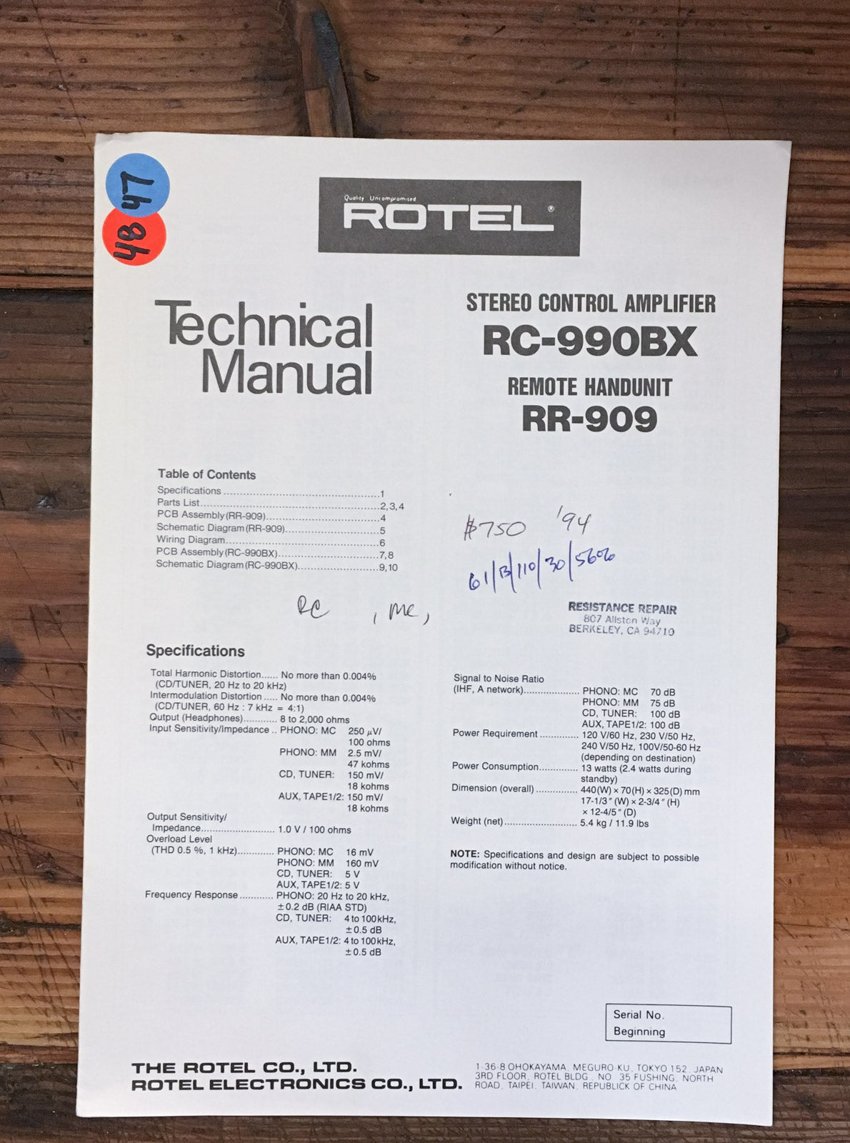 Rotel RC-990BX RR-909 Preamp / Preamplifier  Service Manual *Original*