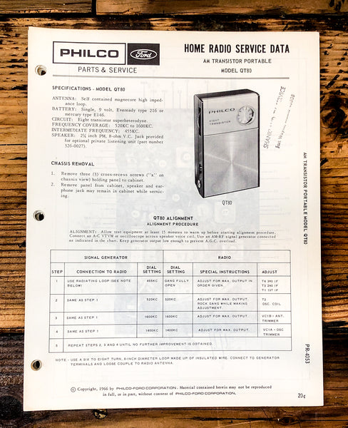 Philco Ford QT-80 QT80 Radio Service Manual *Original*