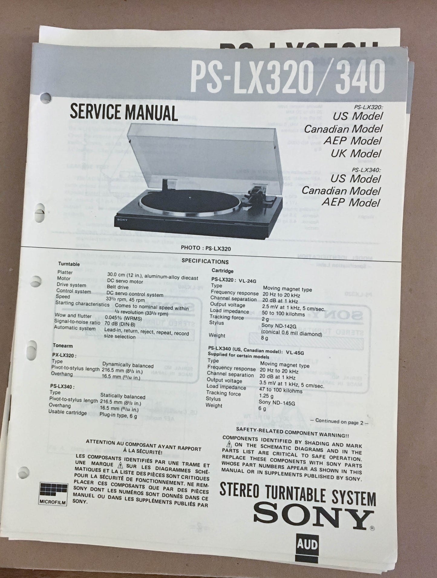 Sony PS-LX320 LX340 Turntable Record Player  Service Manual *Original*