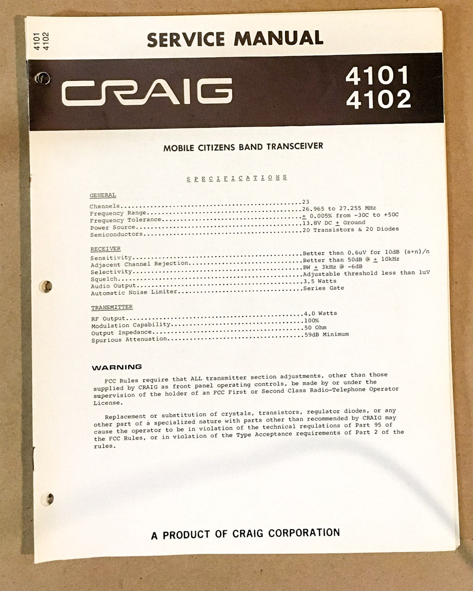 Craig Model 4101 4102 Citizan Band Transceiver Service Manual *Original*