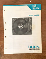 BSR / Sony MA-65 Record Player / Turntable  Service Manual *Original*