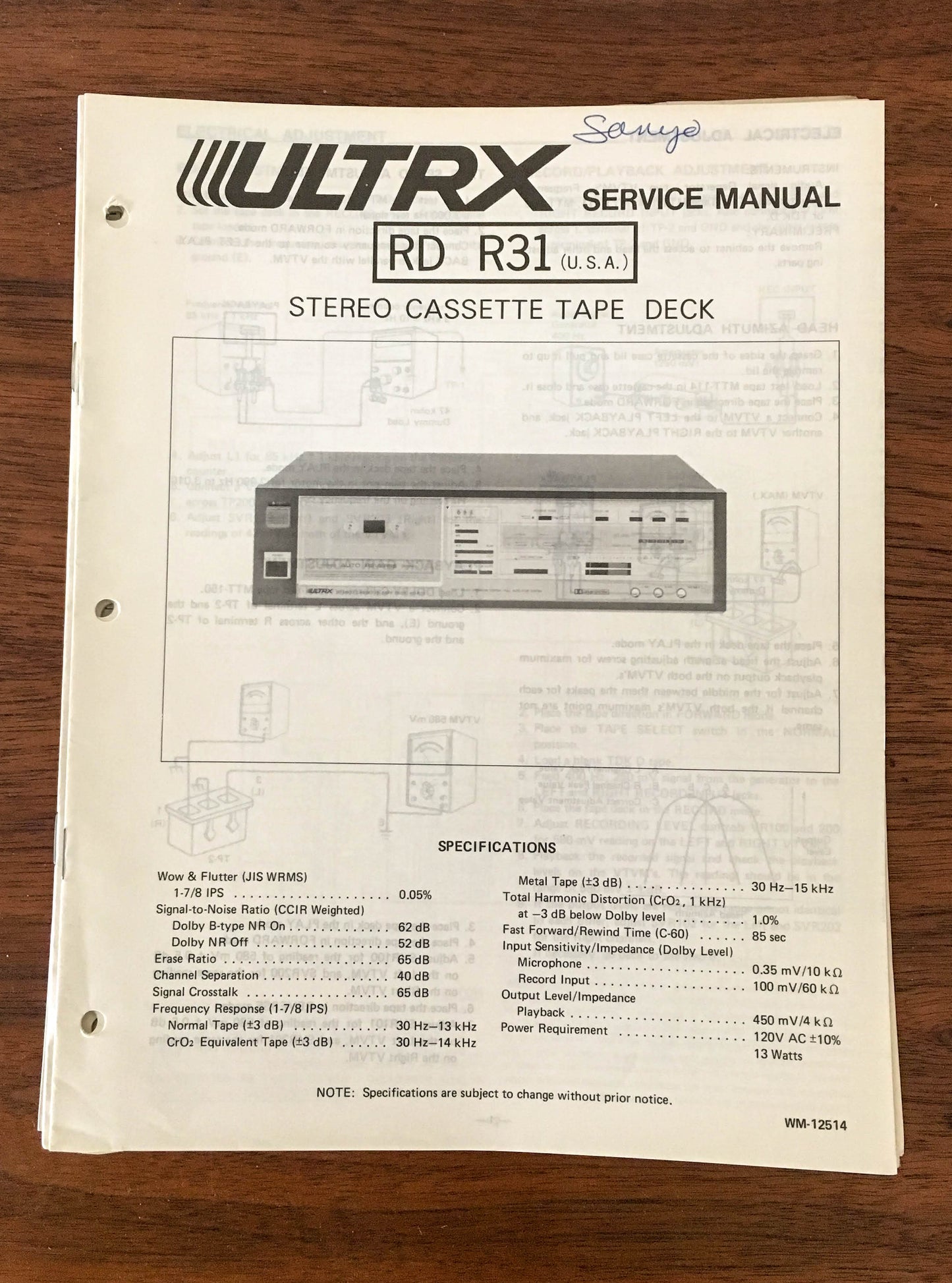Sanyo / ULTRX RD R31 Cassette Deck Service Manual *Original*