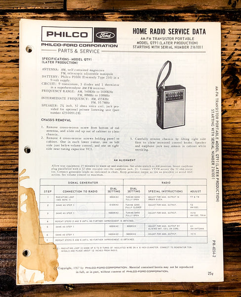 Philco Ford QT-91 QT91 Radio Service Manual *Original* #2